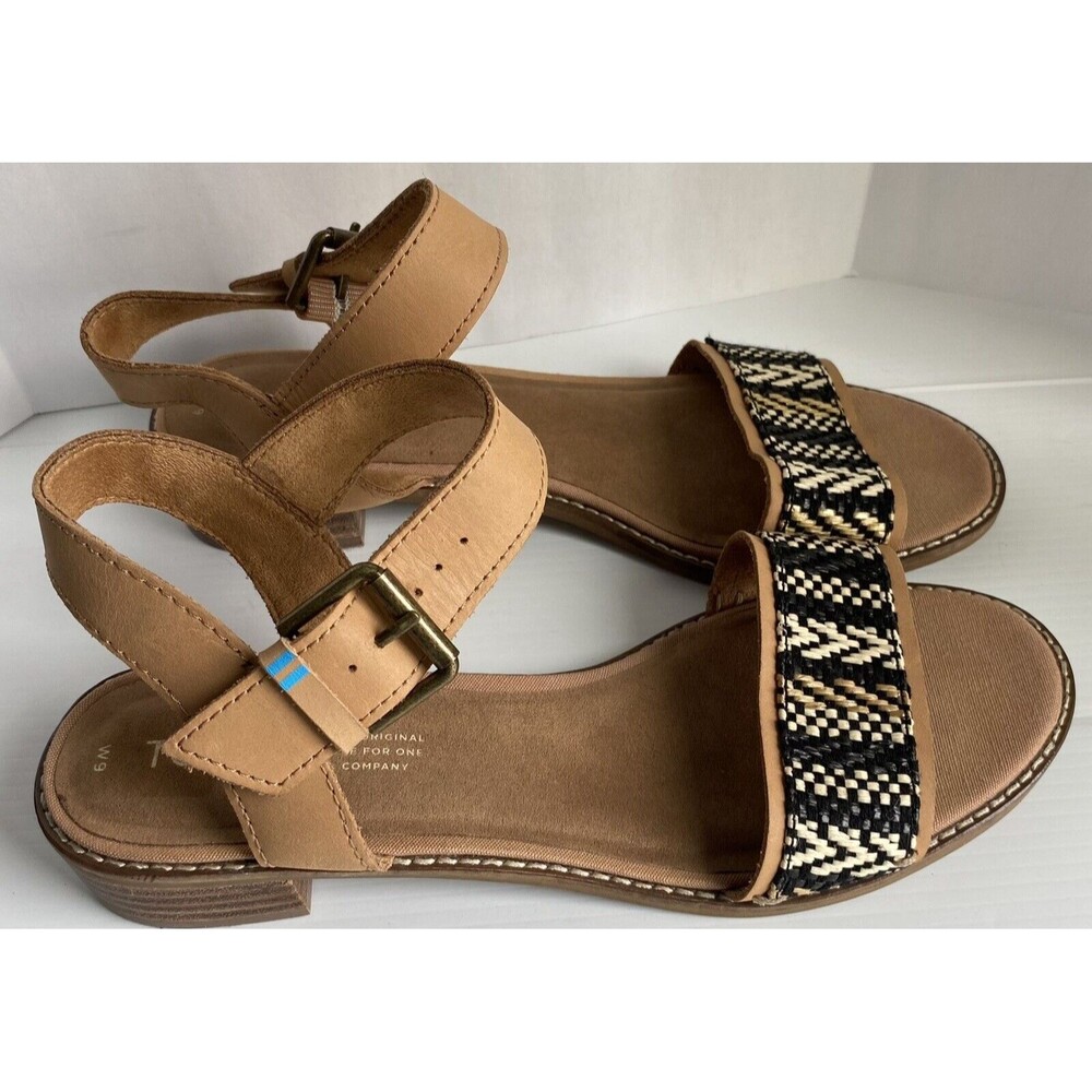 Toms Sandals Women's 9 W Camilia Genuine Leather Woven Ankle Strap Buckle Tan